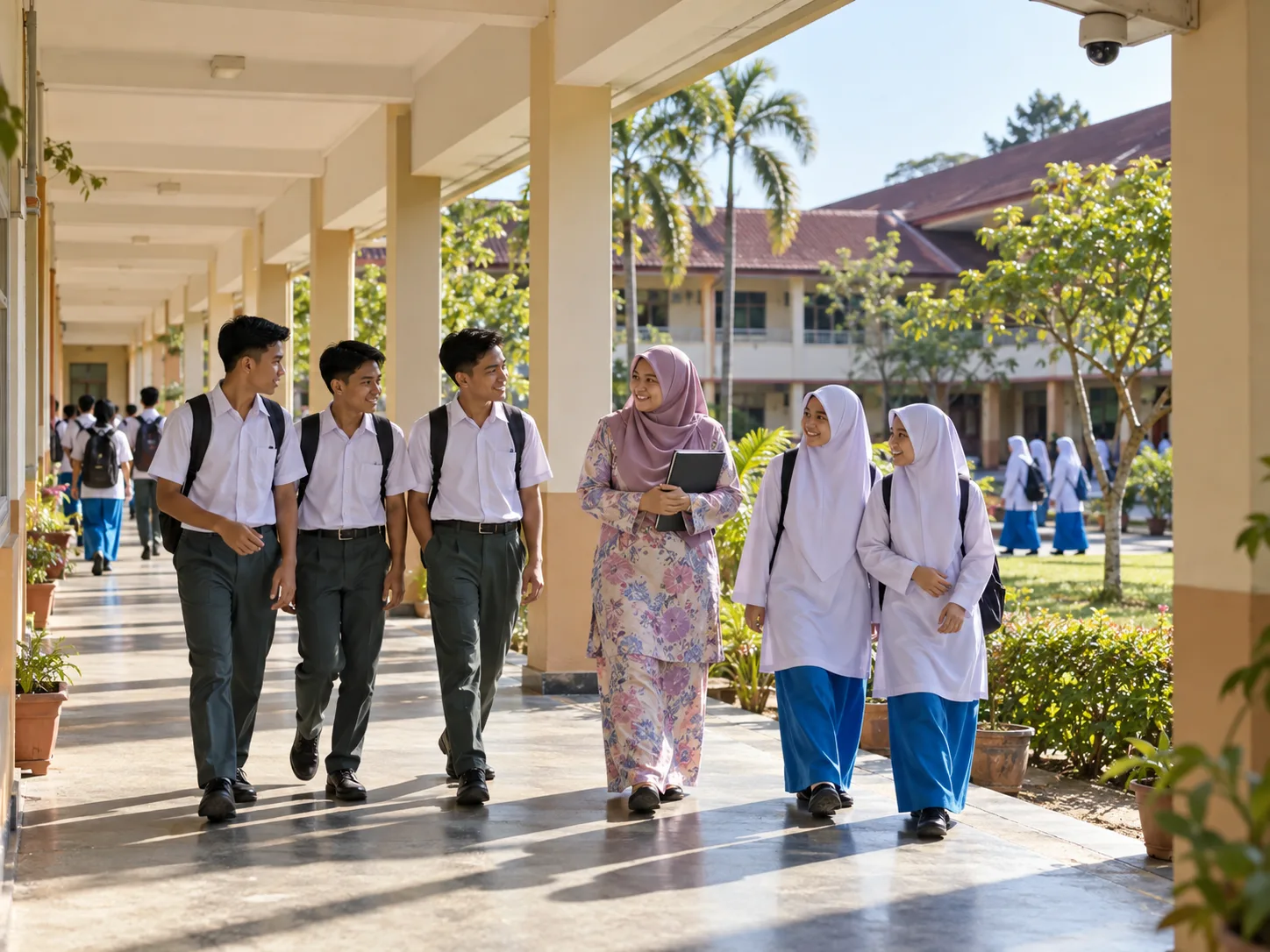 Murid dan guru di laluan sekolah berasrama dengan kamera CCTV